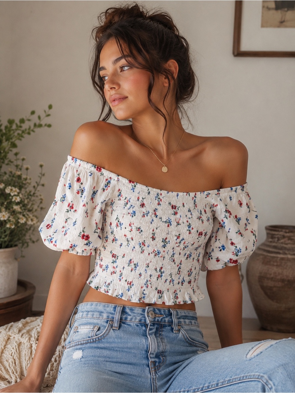 Forever 21 Smocked Floral Square-Neck Off-The-Shoulder puff sleeve Crop Top | Lg